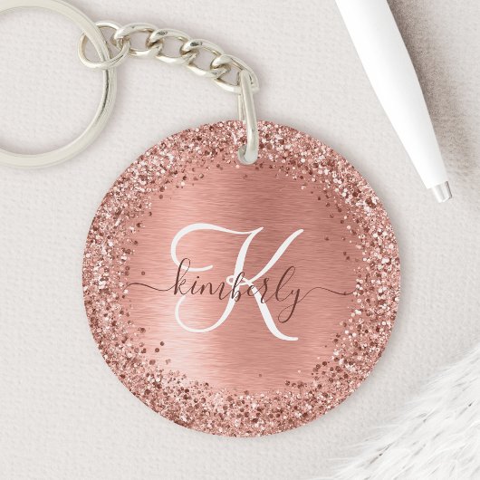 Roos goudpenseel Glitter Monogram Sleutelhanger