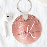 Roos goudpenseel Glitter Monogram Sleutelhanger<br><div class="desc">Maak dit trendy ontwerp van de sleutelhanger met  roos gouden mousserende glitter gemakkelijk aan te passen op een roos gouden geborstelde metalen achtergrond.</div>