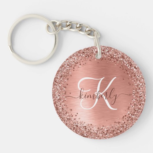Roos goudpenseel Glitter Monogram Sleutelhanger (Voorkant)