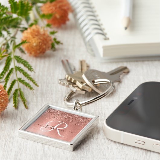 Roos goudpenseel Glitter Monogram Sleutelhanger (Zijkant)