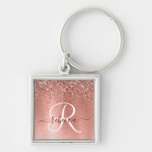 Roos goudpenseel Glitter Monogram Sleutelhanger (Voorkant)