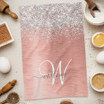 Roos goudpenseel Glitter Monogram Theedoek<br><div class="desc">Pas dit trendy keukenhanddoekje met  zilveren mousserend glitter gemakkelijk aan op een roos gouden geborstelde metalen achtergrond.</div>