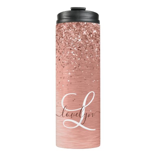 Roos goudpenseel Glitter Monogram Thermosbeker (Voorkant)
