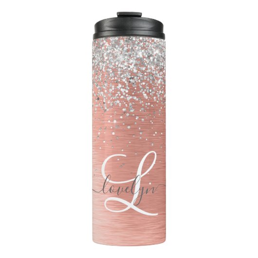 Roos goudpenseel Glitter Monogram Thermosbeker (Voorkant)