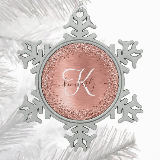 Roos goudpenseel Glitter Monogram Tin Sneeuwvlok Ornament