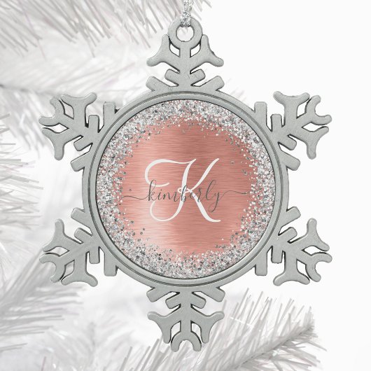 Roos goudpenseel Glitter Monogram Tin Sneeuwvlok Ornament