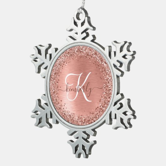 Roos goudpenseel Glitter Monogram Tin Sneeuwvlok Ornament (Rechts)