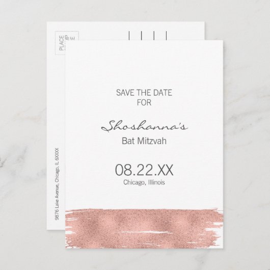 Roos goudpenseelstreek op Mitzvah slaat de datum o Aankondigingskaart (Voorkant / Achterkant)