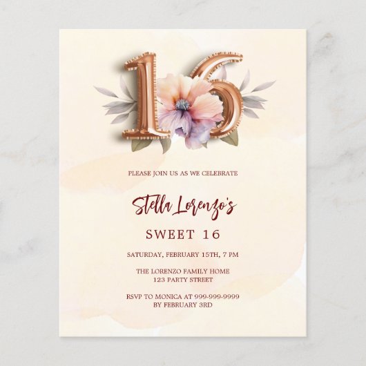 Roos goudperzik bloemzoet 16 budget uitnodiging (Voorkant)