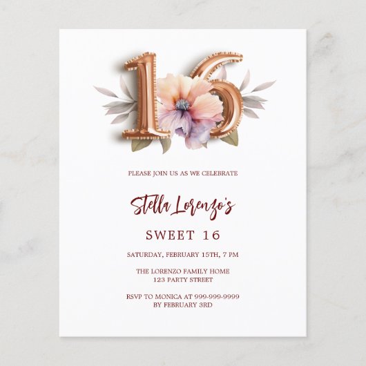 Roos goudperzik bloemzoet 16 budget uitnodiging (Voorkant)