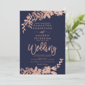 Roos goudpografie Floral navy blue bruiloft Kaart (Staand voorkant)