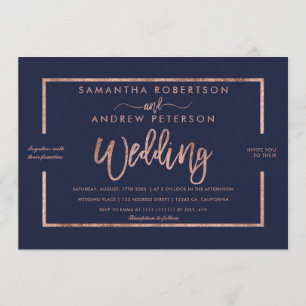 Roos goudpografie navy blue chic bruiloft kaart