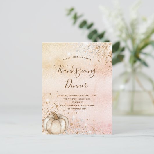 Roos goudpompoen Thanksgiving Dinner Uitnodiging Briefkaart (Staand voorkant)