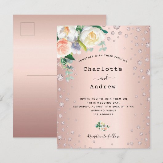 Roos goudroze diamant floranties glamoureus bruilo briefkaart (Voorkant / Achterkant)