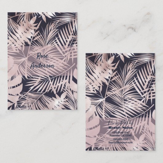 Roos goudroze, donkere tropische palmbladeren visitekaartje (Voorkant / Achterkant)