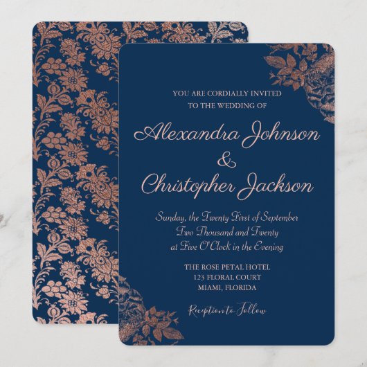 Roos goudroze en marineblauw Rozen bruiloft Kaart (Voorkant / Achterkant)
