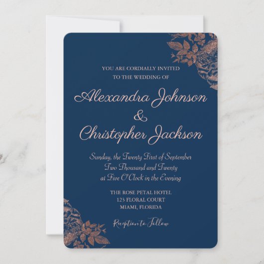 Roos goudroze en marineblauw Rozen bruiloft Kaart (Voorkant)