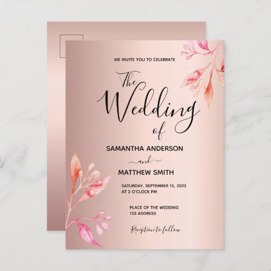 Roos goudroze florale botanische bruiloft briefkaart (Voorkant / Achterkant)