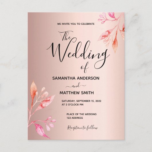 Roos goudroze florale botanische bruiloft briefkaart (Voorkant)