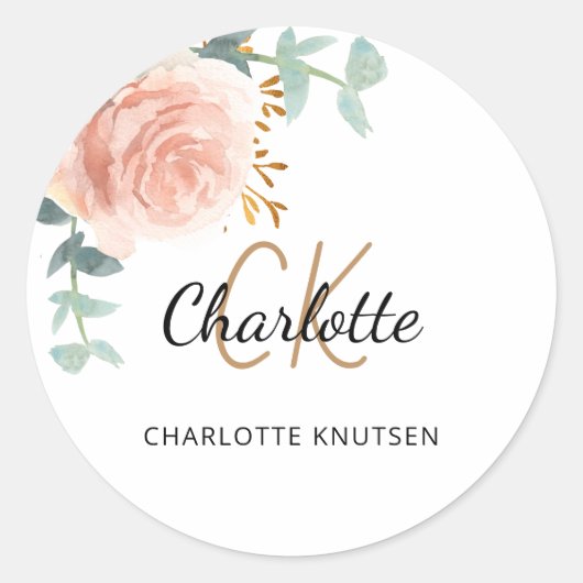 Roos goudroze florale eucalyptus ronde sticker (Voorkant)
