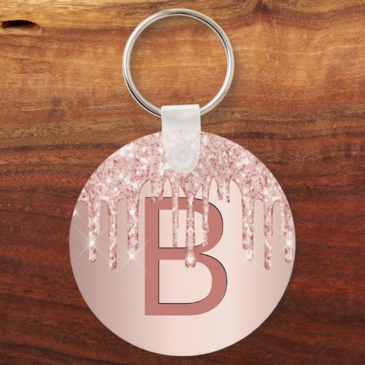 Roos goudroze glitter druppelaar monogram sleutelhanger (Voorkant)