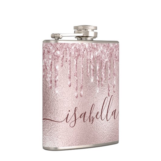 Roos goudroze glitter druppelt monogram script heupfles (Rechts)