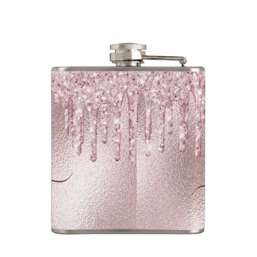 Roos goudroze glitter druppelt monogram script heupfles (Achterkant)