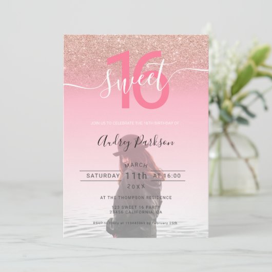 Roos goudroze glitter gradiënt, zoet 16 kaart (Staand voorkant)