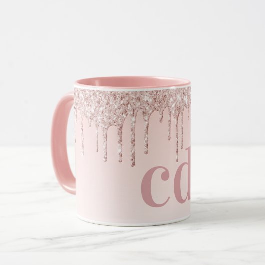 Roos goudroze glitter monogram initiaal luxe mok (Voorkant links)
