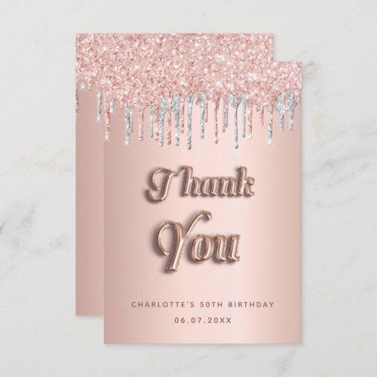 Roos goudroze glitter zilver luxueus bedankkaart (Voorkant / Achterkant)