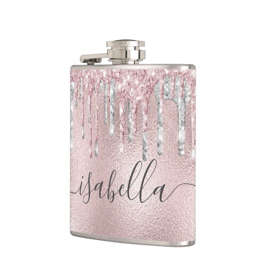 Roos goudroze glitter zilver monogram heupfles (Links)