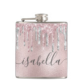 Roos goudroze glitter zilver monogram heupfles (Voorkant)