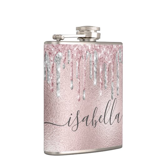 Roos goudroze glitter zilver monogram heupfles (Rechts)