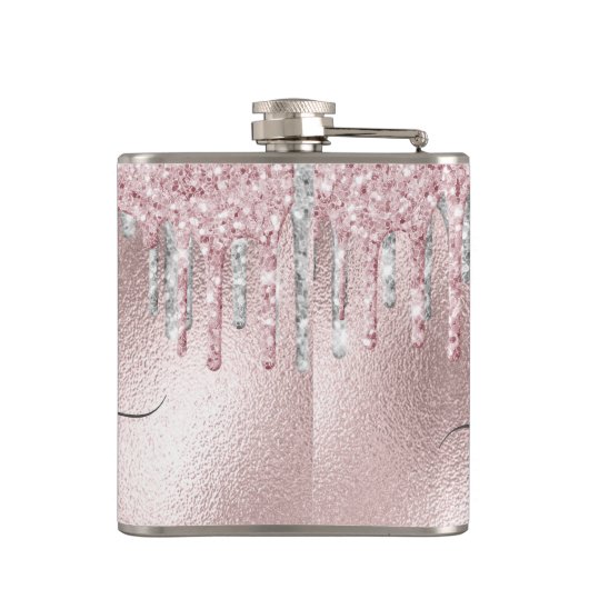 Roos goudroze glitter zilver monogram heupfles (Achterkant)