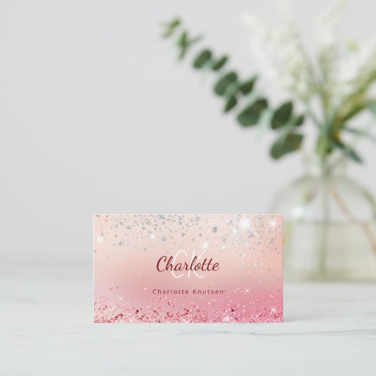 Roos goudroze glittermonogram initiaal visitekaartje (Staand voorkant)
