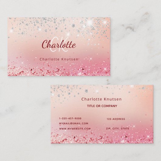 Roos goudroze glittermonogram initiaal visitekaartje (Voorkant / Achterkant)