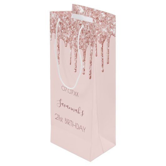 Roos goudroze glitterspargel wijn cadeautas (Achterkant Gekanteld)