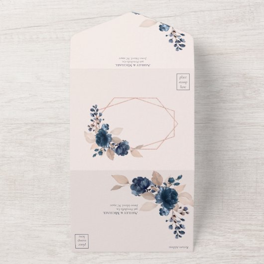 Roos goudroze marineblauw geometrische Floral All In One Uitnodiging (Buitenkant)