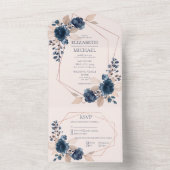 Roos goudroze marineblauw geometrische Floral All In One Uitnodiging (Binnen)