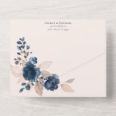 Roos goudroze marineblauw geometrische Floral All In One Uitnodiging (Achterkant)