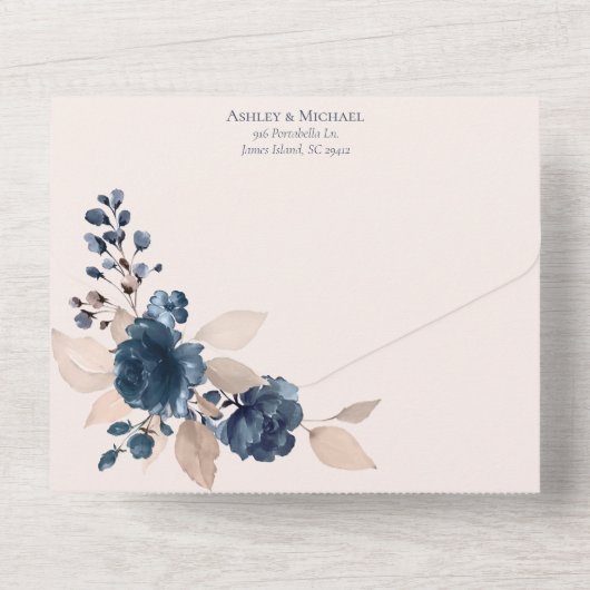 Roos goudroze marineblauw geometrische Floral All In One Uitnodiging (Achterkant)