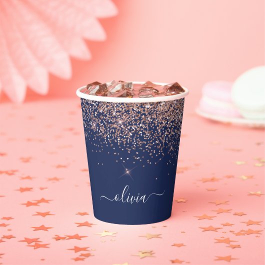 Roos goudroze marineblauw Glitter Sparkle Monogram Papieren Bekers (Insitu)