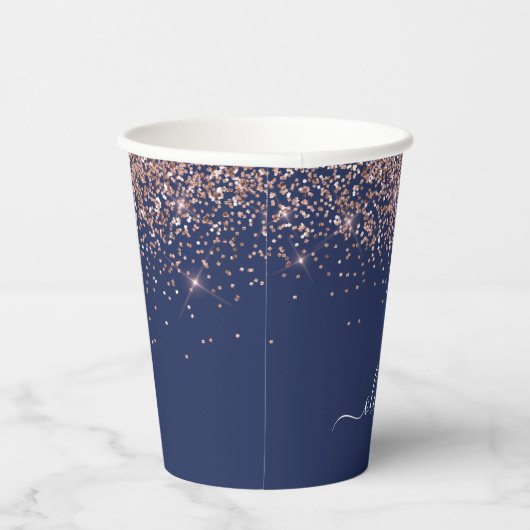 Roos goudroze marineblauw Glitter Sparkle Monogram Papieren Bekers (Rechts)