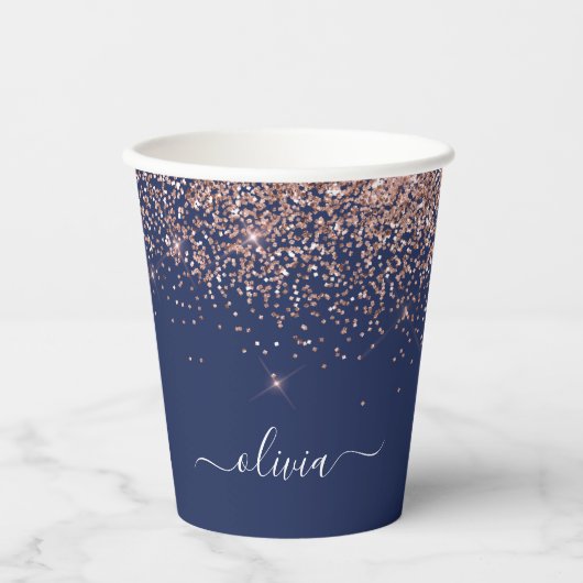 Roos goudroze marineblauw Glitter Sparkle Monogram Papieren Bekers (Voorkant)
