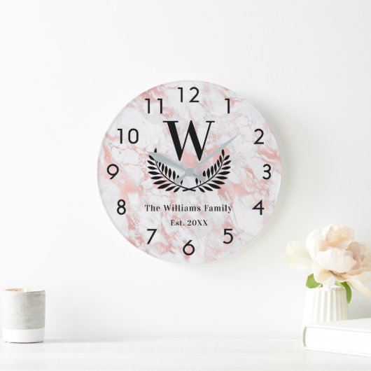 Roos goudroze marmer monogram elegant grote klok (Huis)