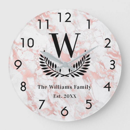 Roos goudroze marmer monogram elegant grote klok (Voorkant)