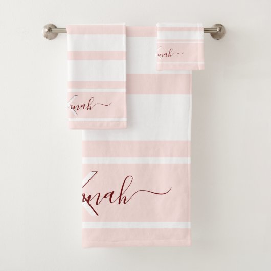Roos goudroze witte strepen monogram naam bad handdoek (Insitu)