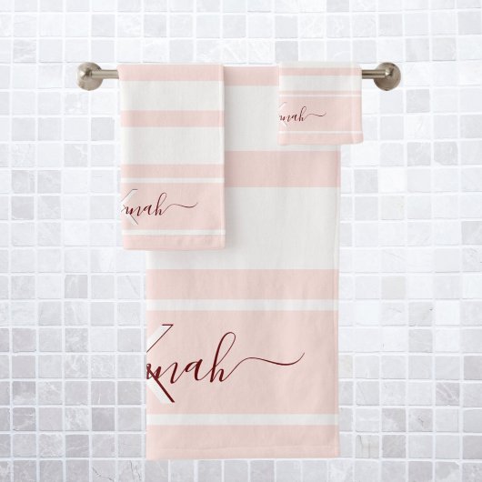 Roos goudroze witte strepen monogram naam bad handdoek