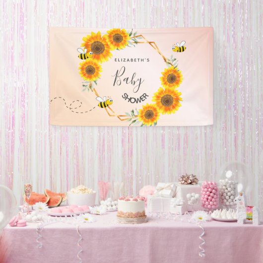 Roos goudroze zonnebloemen moeder op Baby shower Spandoek (Feest)
