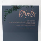 Roos goudschrift Floral blue elegant bruiloft Drieluik Uitnodiging (Binnenzijde eerst)